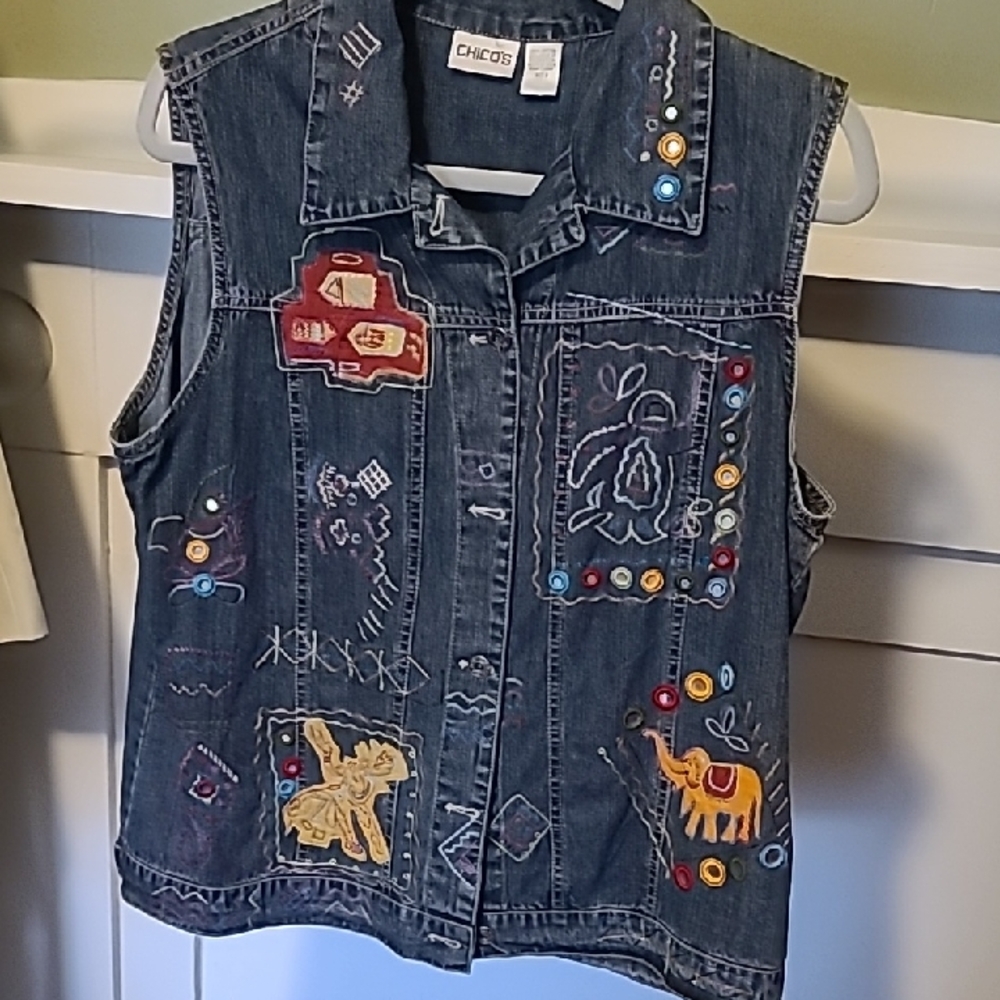 Chico's Denim Vest with Colorful Embroidery